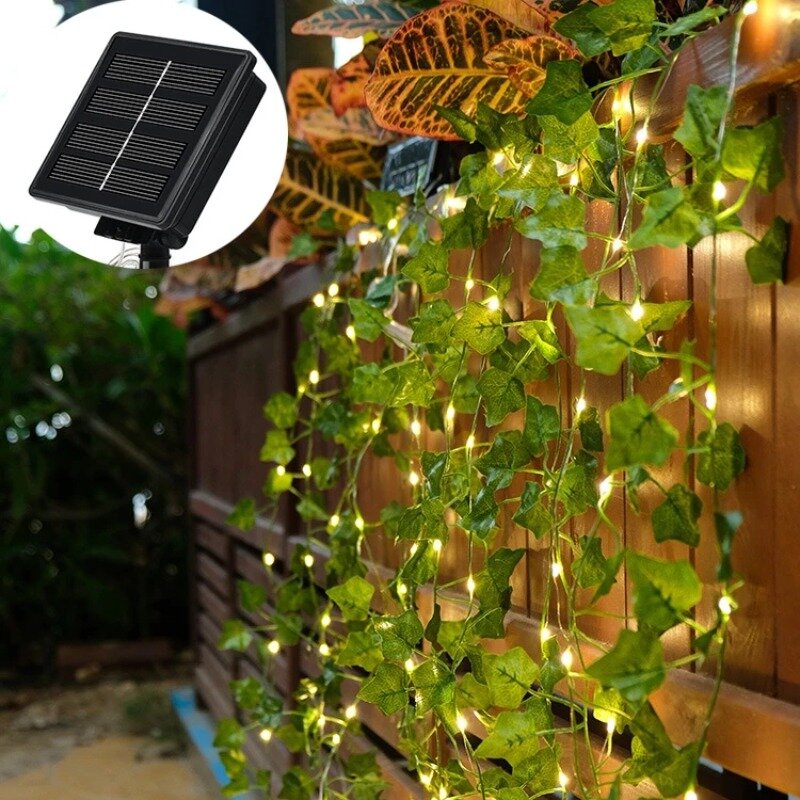 태양열 덩굴 스트링 조명, 야외 방수 아이비 조명, LED 인공 등나무, 녹색 식물 장식, 단풍잎 화환 램프