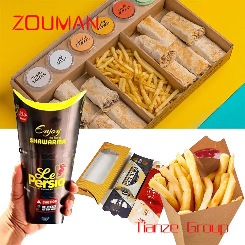 Caixa De Papelão Shawarma Embalagem, logotipo personalizado, design de grau alimentício, caixas De Papel Kebab, caixas De Cone De Batatas Fritas Para Pequenas Empresas
