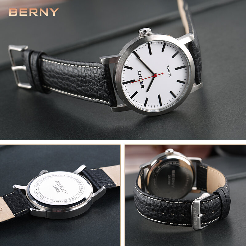 BERNY-reloj analógico de cuarzo para hombre, accesorio de pulsera resistente al agua con correa de cuero, complemento masculino de marca de lujo con diseño de ferrocarril a la moda