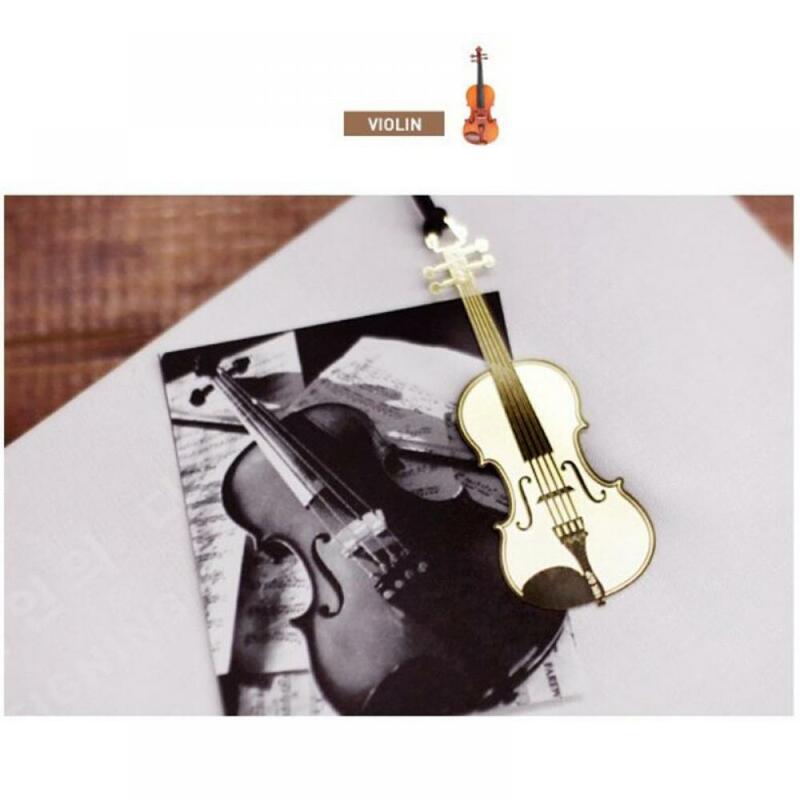 2Pcs Plated Metal Violin Bookmark Creative Instruments Bookmark With Lanyard Book Markers School Stationery Supplies