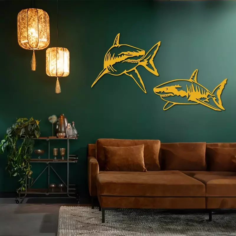 Decoración de pared de Metal con temática de tiburón, arte de pared grande, decoración artística de Metal, sobre la cama, colgadores de pared de Metal, regalo de boda, 1 unidad