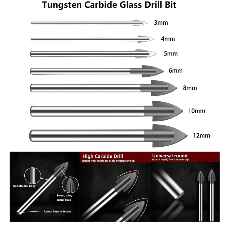 3-12mm Glass Drill Bit Tungsten Carbide Tipped Ceramic Tile Cutter Drill Bits Set Spade Drill Bit Glass Marble Porcelain Spear