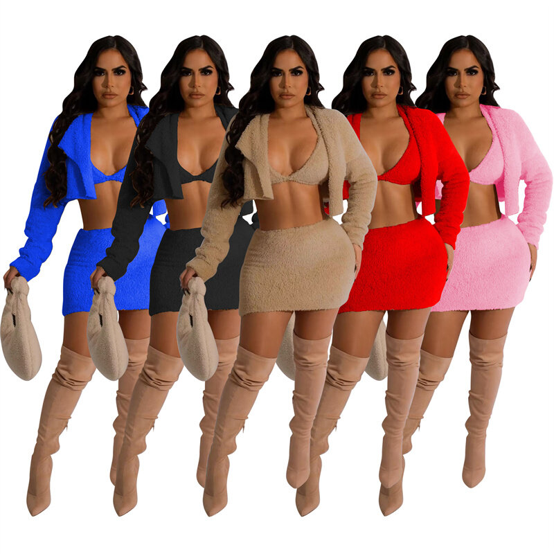 Pakaian Wanita 3 Potong Musim Gugur Musim Dingin Atasan Crop Lengan Panjang + Bra + Rok Mini Set Grosir Klub Seksi Yang Cocok