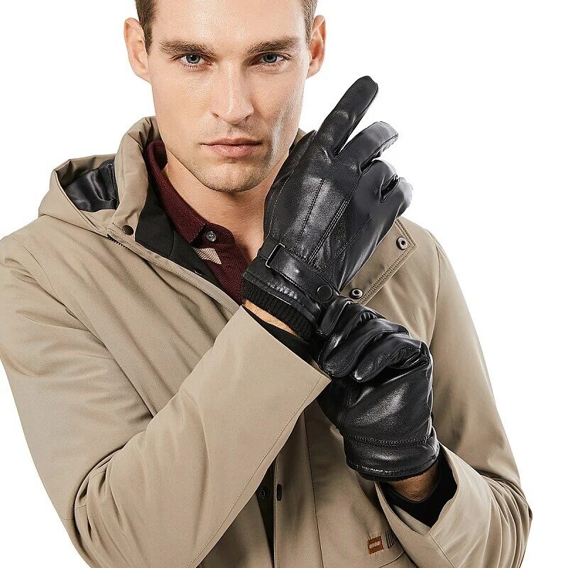 BISON DENIM uomo guanti in vera pelle di pecora autunno inverno caldo Touch Screen guanti neri con dita intere di alta qualità S019