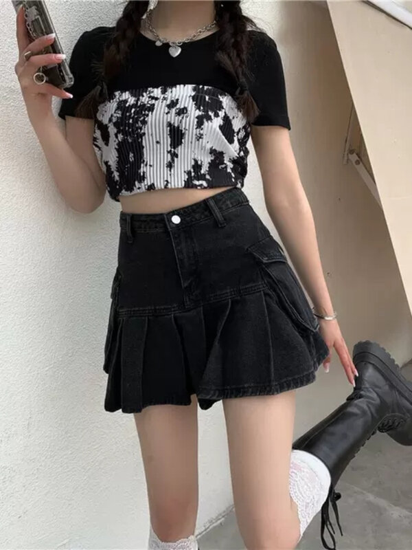 Skirts Women Solid Pleated Design Vintage Denim All-match Slim Fashion Schoolgirls Summer Korean Style Ladies Clothing New Soft