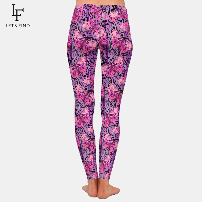 LETSFIND Fashion 3D Pink Butterflies on The Leopard Print Digital Printing Leggings High Waist Women Slim Leggings