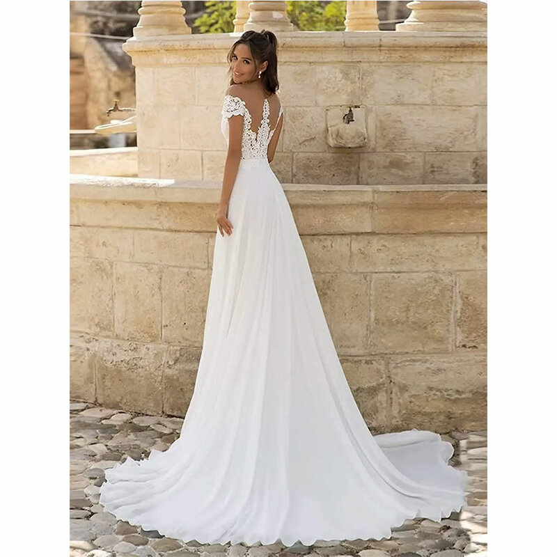 Vestido de noiva branco com applique do laço, off-the-ombro, "sexy", fenda lateral, trem chiffon, para a praia, verão