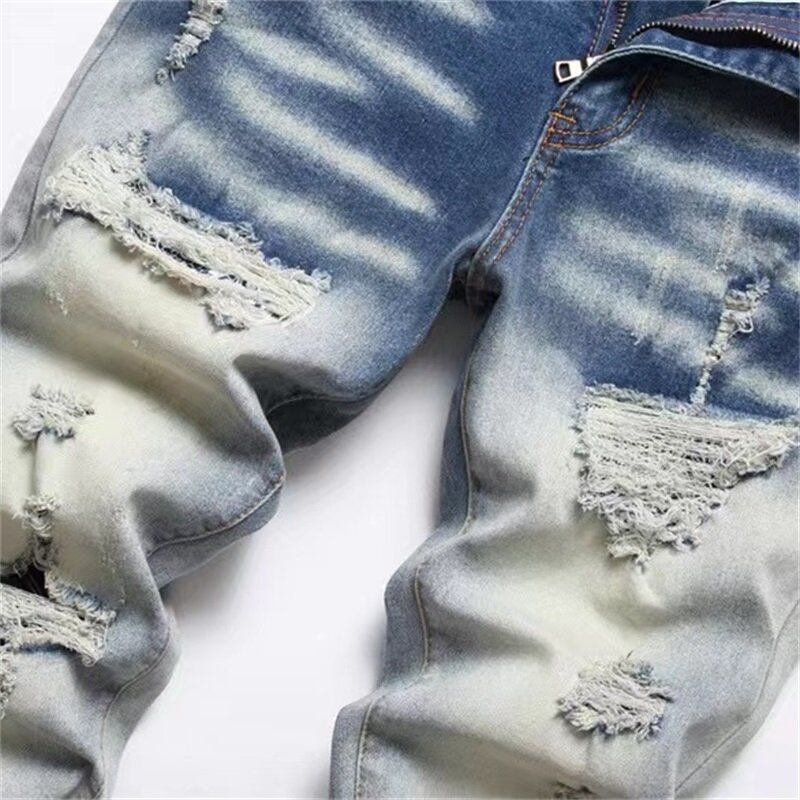 EH·MD® Embroidery Flame Men's Jeans with Shattered Holes High Elasticity Soft Breathable Bleaching Trend Cat Beard Wear Gradient