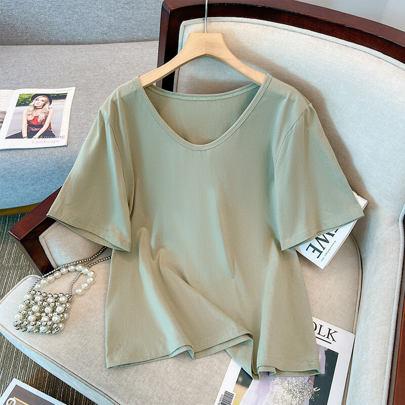 Plus size, chubby mm French top with a revealing V-neck and slim short sleeved T-shirt 3239