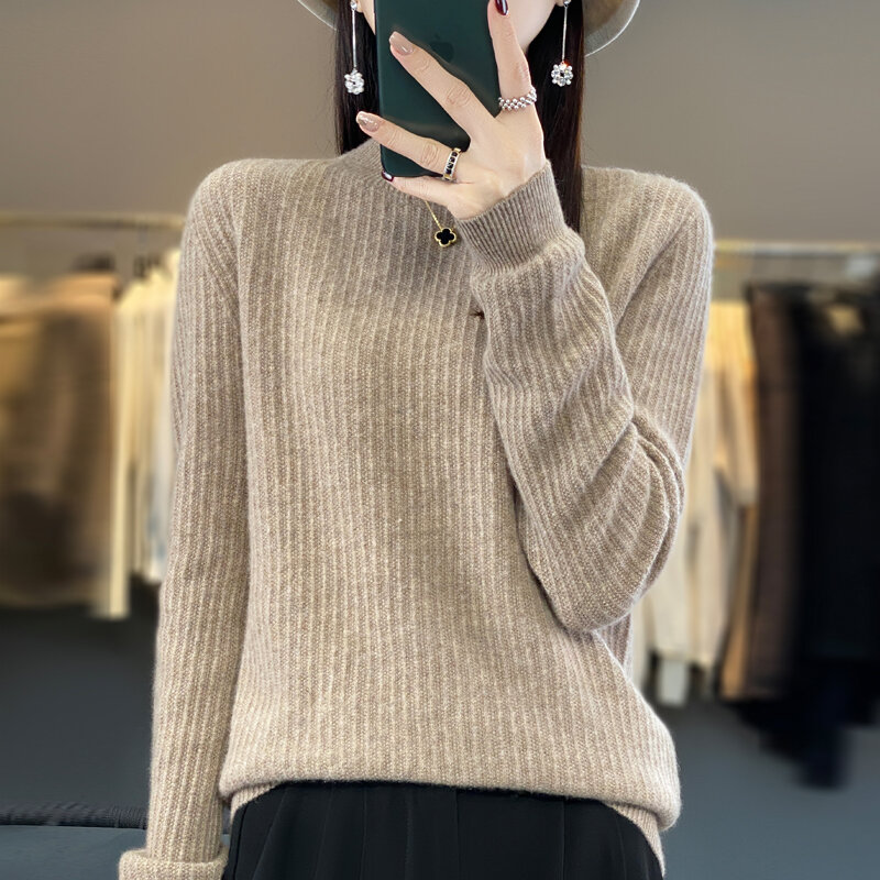 Осенне-зимний женский однотонный теплый вязаный свитер из 100% чистой шерсти с длинными рукавами и полувысоким воротником