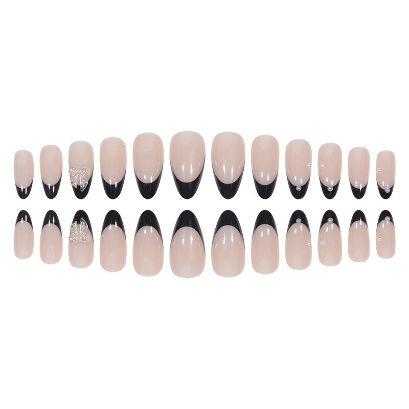 24Pcs Almond Press on Nails Black French Fake Nails 3D Bowknot Pearls Design Wearable False Nails Tips for Women DIY Manicure