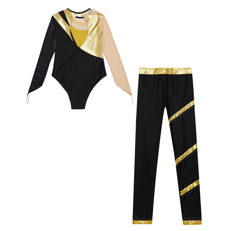 Bodysuit de strass brilhante manga comprida feminina com calça, collant de ginástica, ballet, patinação artística, performance dancewear, infantil