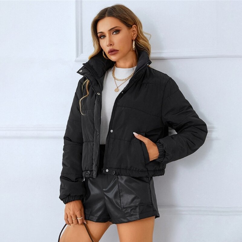 Women Cropped Puffer Jackets Winter Warm Long Sleeve Buttons Zipper Up Quilted Bubble Padded Short Coats with Dropship