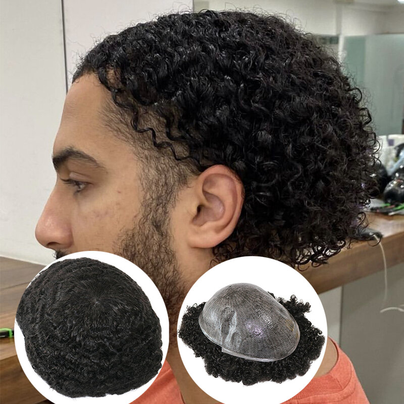 Rambut palsu pria keriting 12mm manusia alami, kulit tipis tahan lama dasar Pu penuh Sistem prostesis rambut manusia pria garis rambut alami