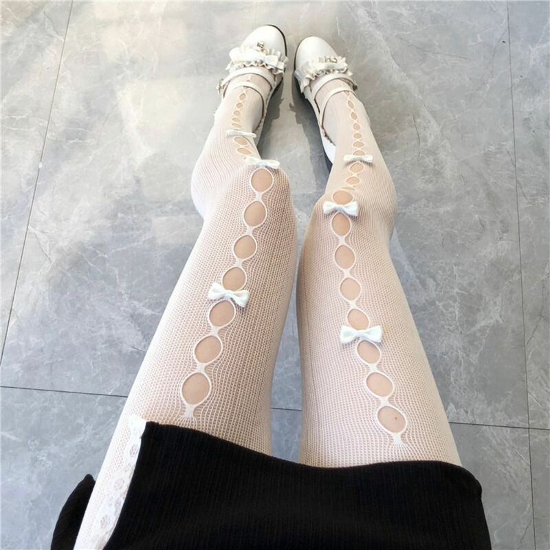 Lolita Bow calze di pizzo Sexy Bowknot coscia alta JK collant dolce scava fuori calze a rete a rete