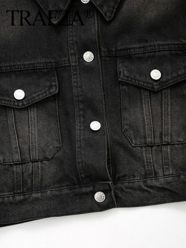 TRAFZA Fashion Jackets For Women 2024 Spring Black Denim Animal Print Metal Strap Long Sleeves Lapels Vintage Causal Pocket Coat