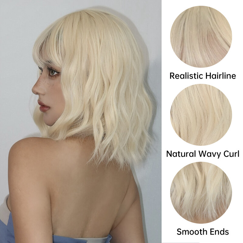 Short Bob Curly Blone Synthetic Wigs with Bangs Water Wave Colored Wigs Glueless Natural Hair Wig For Women Daily Heat Resistant