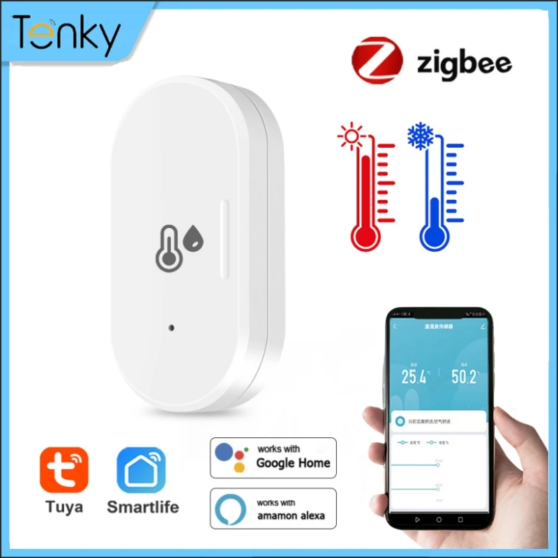 Tenky Tuya ZigBee Sensor de temperatura e umidade, Termômetro conectado Home inteligente, Google Home Assistant, Voice Control, Smart Life