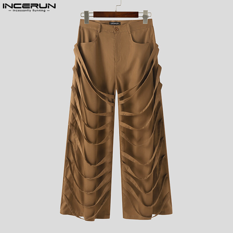 Incerun กางเกงสไตล์เกาหลีสำหรับผู้ชาย, กางเกงแฟชั่น2024กางเกงผูกเชือกกางเกงตกแต่งสไตล์สตรีทแวร์ขายาวตรง S-5XL