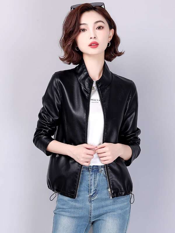 New Women Stand Collar Leather Jacket Spring Autumn Fashion Casual Drawstring Hem Short Leather Coat Split Leather Slim Jacket