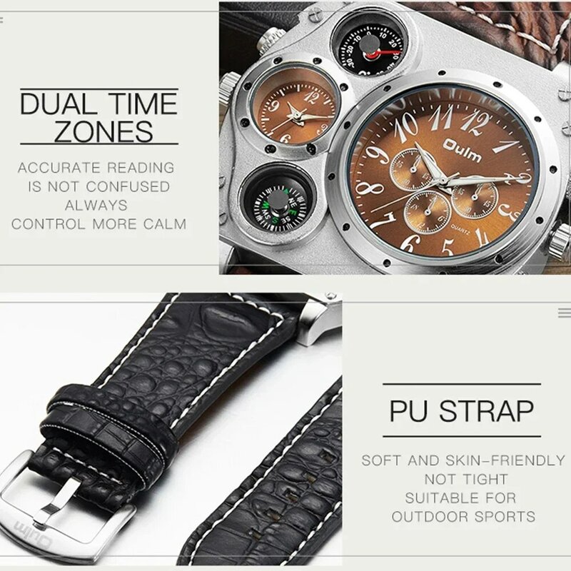Relógio de quartzo de couro masculino com bússola, cronógrafo grande criativo, mostradores múltiplos, relógio de pulso esportivo militar, relógio masculino