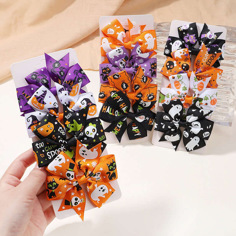 4Pcs/Set Girls Halloween Pumpkin Bows Hair Clips for Kids Funny Ribbon Bowknot Hairpin Headwear Baby Hair Accessories Gifts
