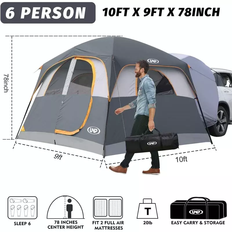 UNP SUV Tent for Camping, 6-Person Car Camping Tent, SUV Tailgate Tent for Outdoor, Easy Set Up Tent with Rainfly 10'x9'x78in(H)