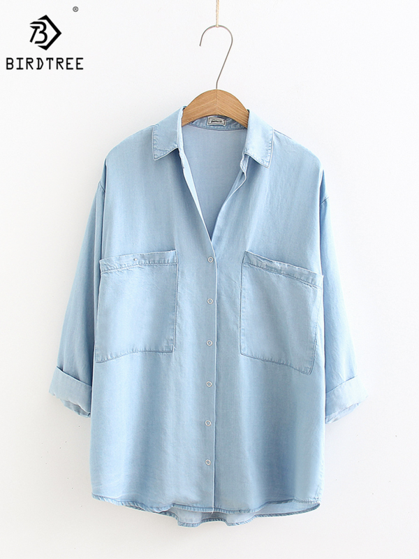 Half Sleeve Denim Shirts Women's Summer Soft Jeans Outer Wear Two Pocket Casual Loose Blouses Drape Thin Coat Tops New T35442M