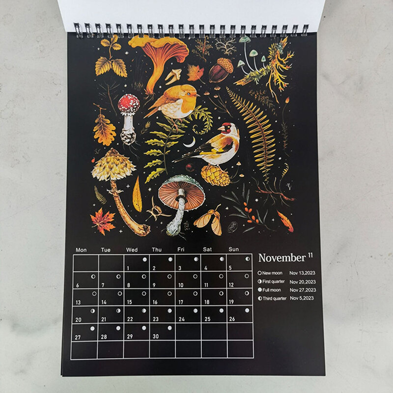 Calendario Lunar de Bosque Oscuro, 1 piezas, contiene 12 ilustraciones originales dibujadas durante todo el año, 2024