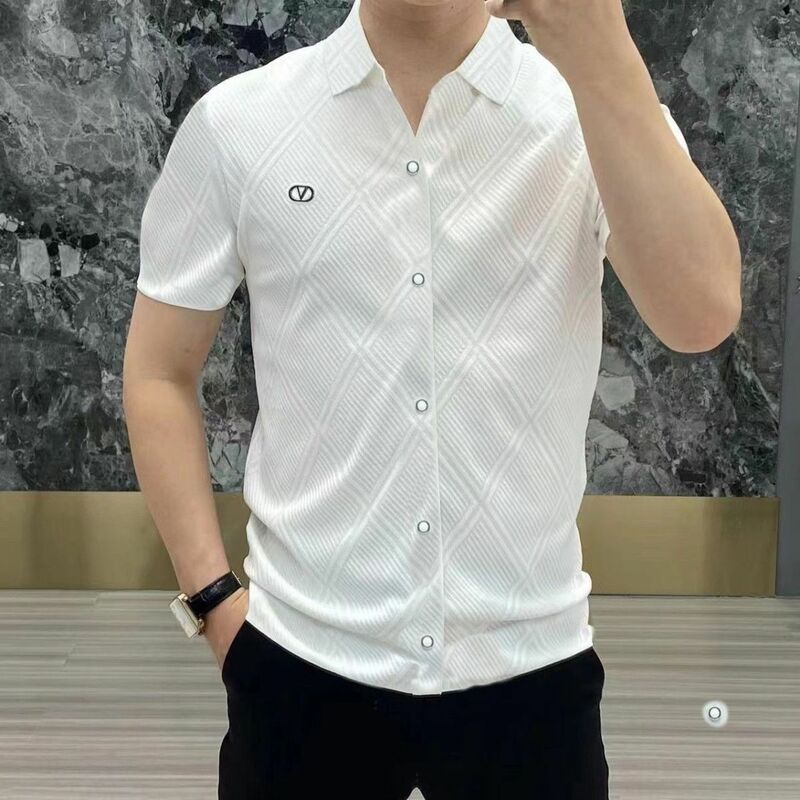 Рубашка мужская с отложным воротником, модная облегающая деловая уличная одежда в Корейском стиле, повседневный однотонный топ с коротким рукавом, лето