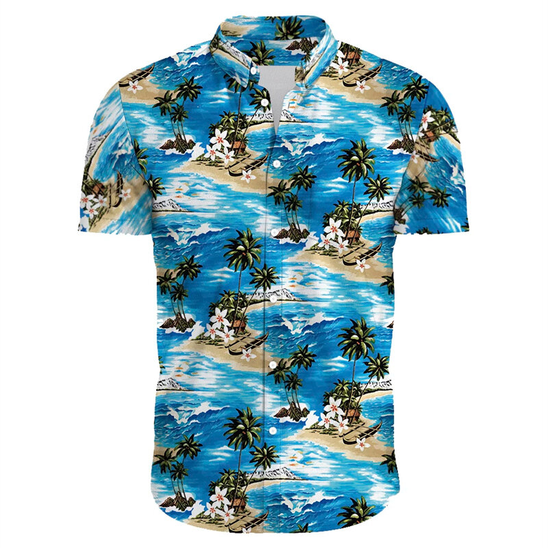 2024 nowych hawajskich koszule z nadrukiem 3D dla mężczyzn ubrania na co dzień drzewo kokosowe koszula plażowa hawajskie bluzki z krótkim rękawem koszulki z klapą ubrania