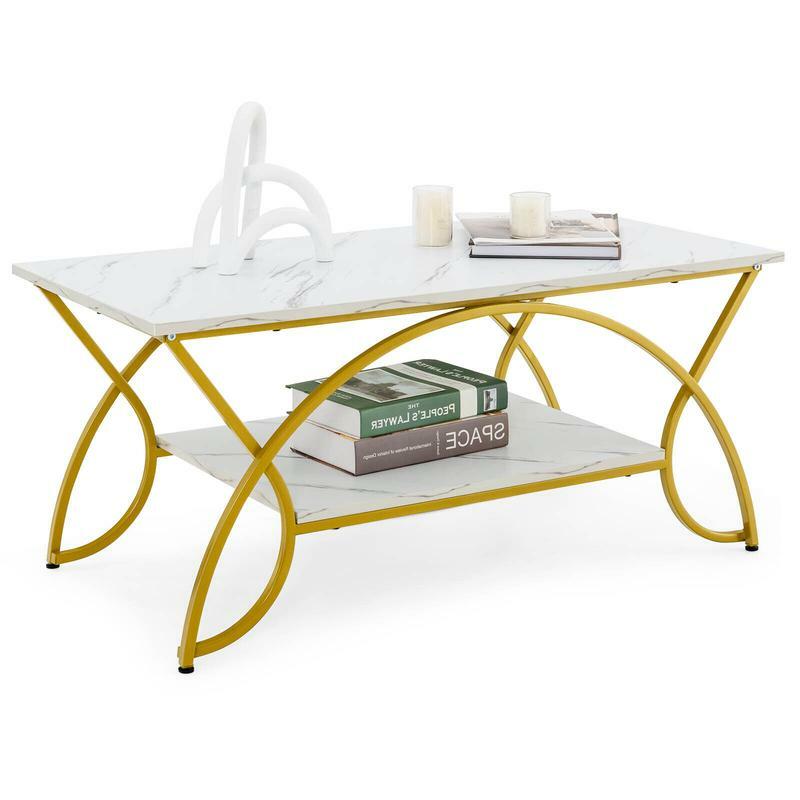 2-Tier Coffee Table Gold Rectangle for Living Room-Golden