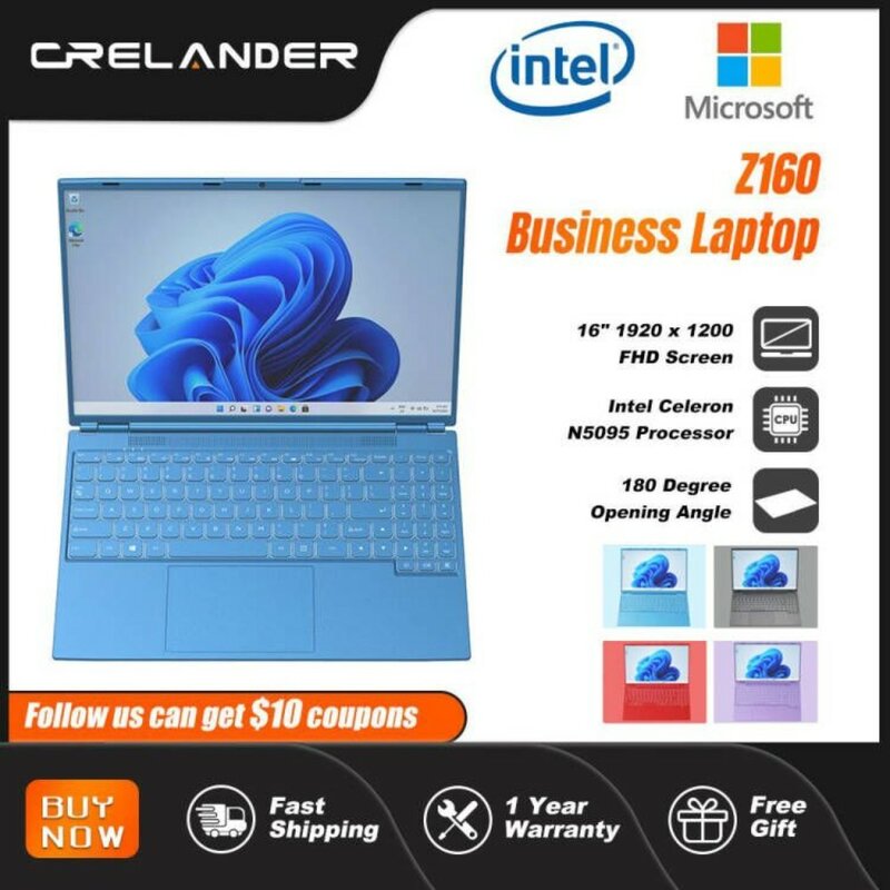 CRELANDER 16 Cal ekran Laptop biznesowy IPS Intel Celeron N5095 czterordzeniowy okna 11 12GB ramka wielokolorowa komputer przenośny