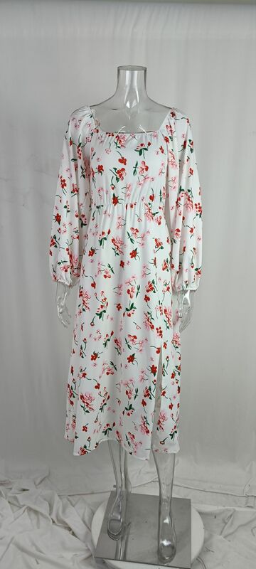 Spring Summer Square Split Dresses Collar High Waist Printed Lantern Sleeve Split Dress for Women Elegant Floral Sweat Dress