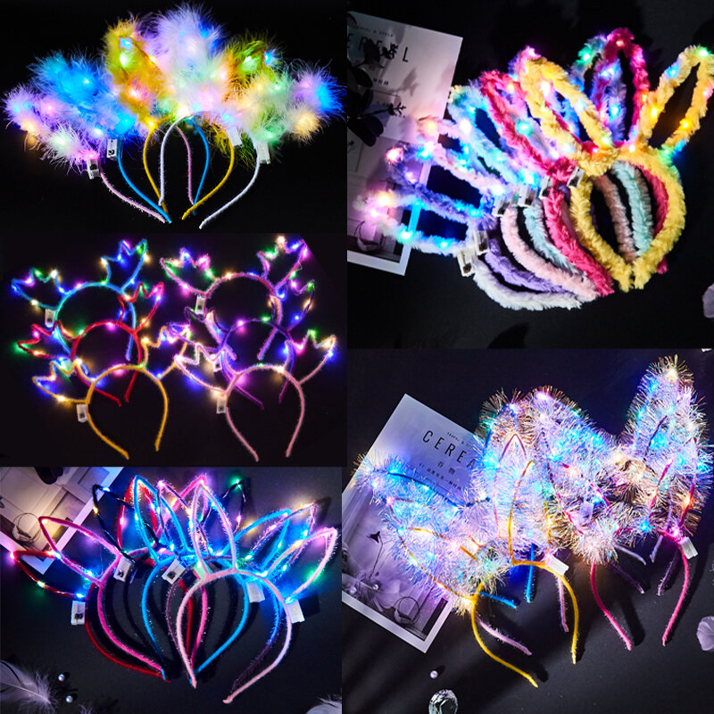 10pcs Glow Deer Bunny Ear Lights LED Hairband Lamp Luminous Hair Hoop Cosplay Costume Props Adult Kid Party Decoration Gift