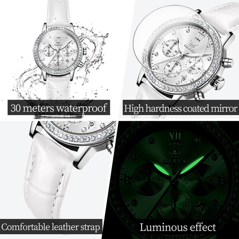 OLEVS jam tangan wanita QUARTZ berlian, jam tangan wanita kronograf kulit modis mewah tahan air