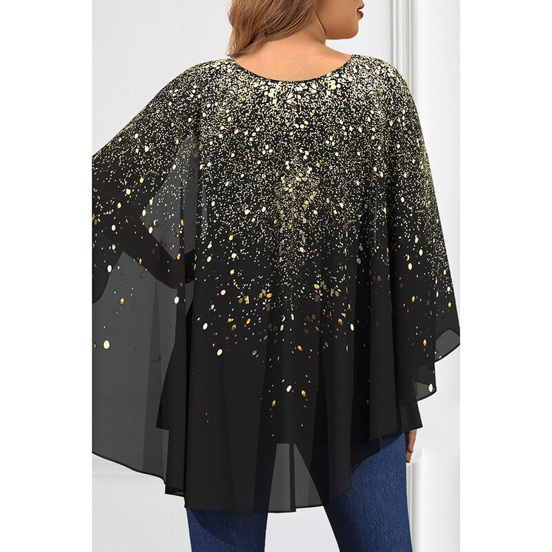 Plus Size Dressy Black Chiffon Sparkly Sequin Bronzing Print Cape Sleeve Blouse