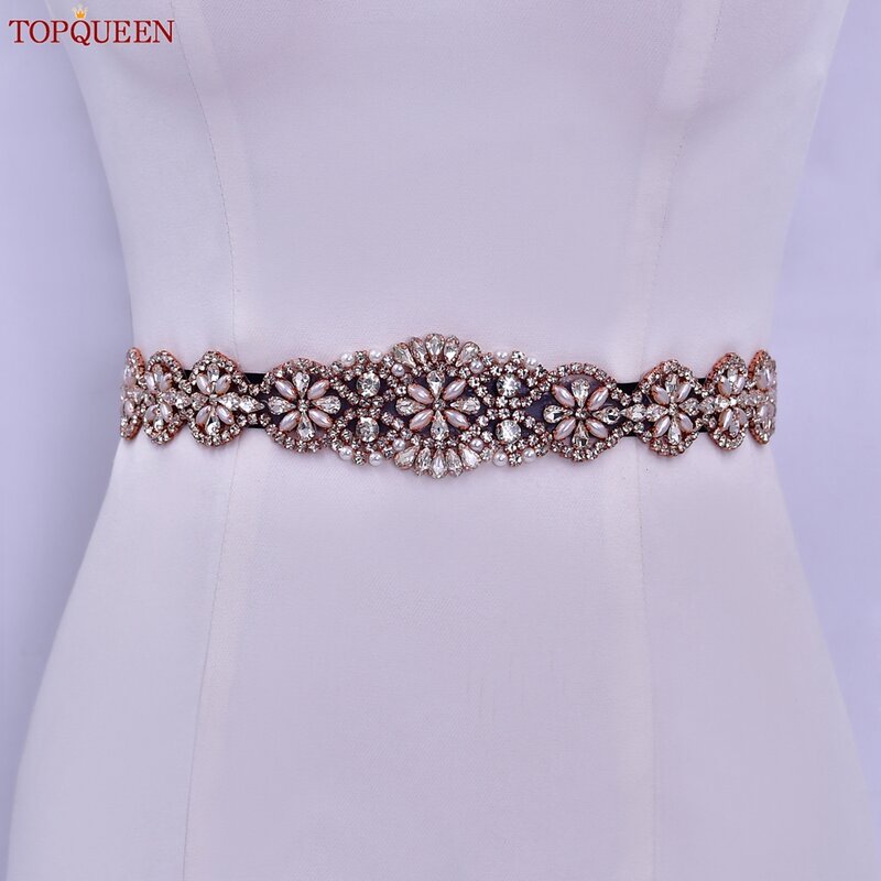 TOPQUEEN S161-RG cinture da sposa da sposa sposa per le donne Shiny Rose Gold strass Formal Prom Party Dress Decoration Ribbon Sash