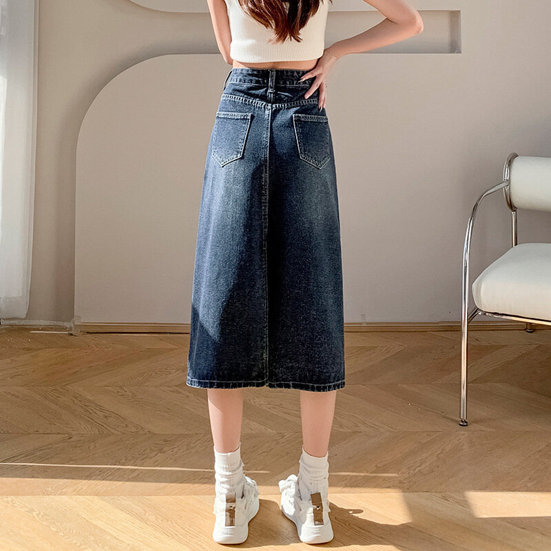 Женская джинсовая юбка средней длины, свободная повседневная трапециевидная юбка с высокой талией и разрезом сзади, лето