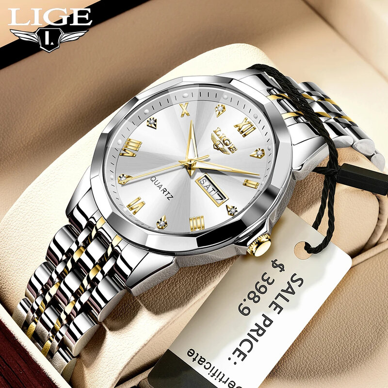 LIGE 남성용 스테인리스 스틸 쿼츠 손목시계, 남성용 방수 야광 날짜, 주간 시계, 탑 브랜드 럭셔리