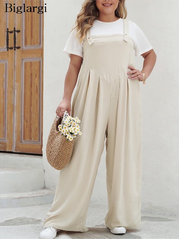 Plus Size Summer Sleeveless Jumpsuit Women Wide Leg Loose Pleated Fashion Ladies Jumpsuits Casual Square Collar Woman Jumpsuit