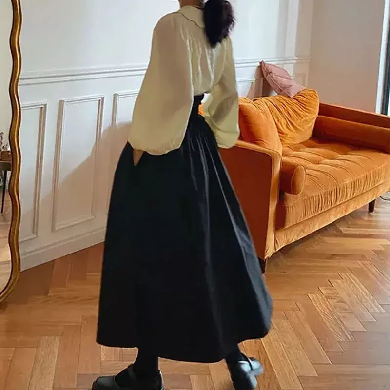 Saia vintage com cordão de cintura alta Harajuku para mulheres, francesa, elegante, fofa, retrô, comprimento médio, primavera