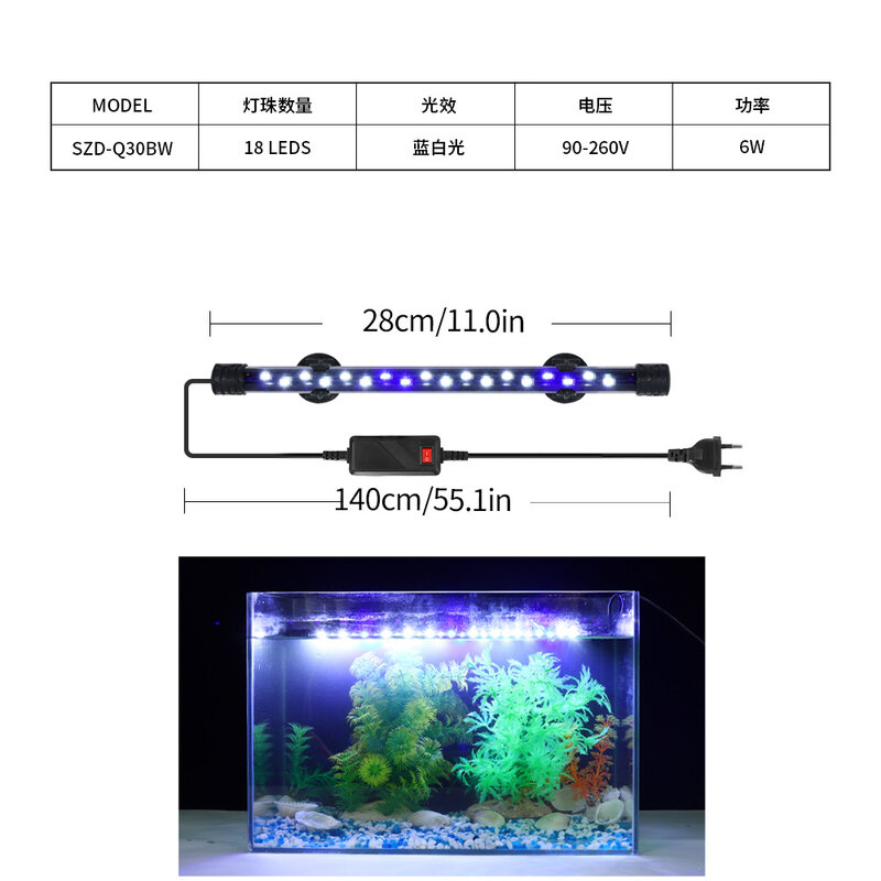 Luz LED para acuario, lámpara impermeable para cultivo de plantas, 18-58CM, iluminación para decoración de acuarios subacuáticos, 90-260V, chip 5730