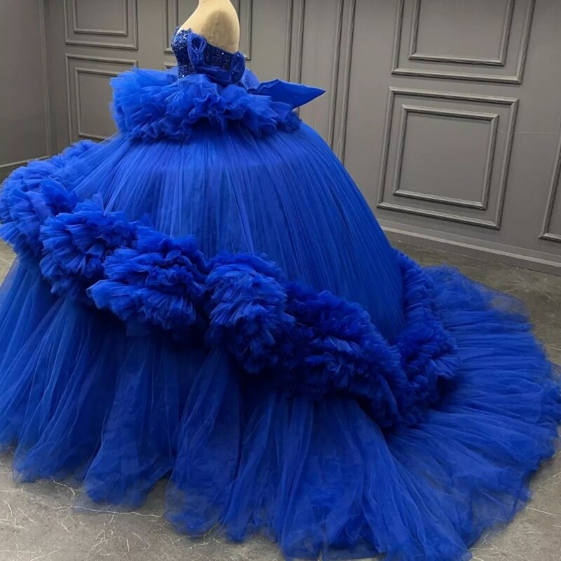 Royal Blue Quinceanera abiti al largo della spalla perline di pizzo Tull a strati dolce 16 Prom abito da festa di compleanno Vestido De vx 15 Anos