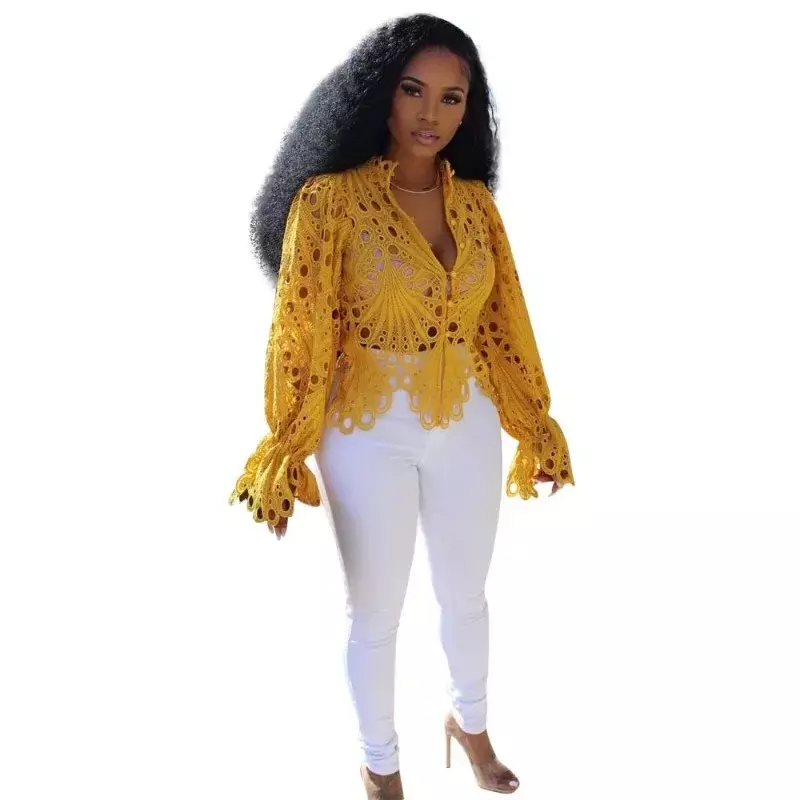 New Elegant Long Sleeve Hollow Out Mesh Lace Shirt Sheer See Through Top Blouse Clothing Dashiki African Shirts For Women