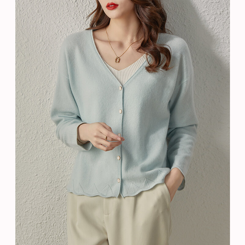 High-end Fashion Women V-neck Cardigan 100% Cashmere Sweater Spring Autumn Long Sleeve Soft Office Lady Basic Knitwear Tops