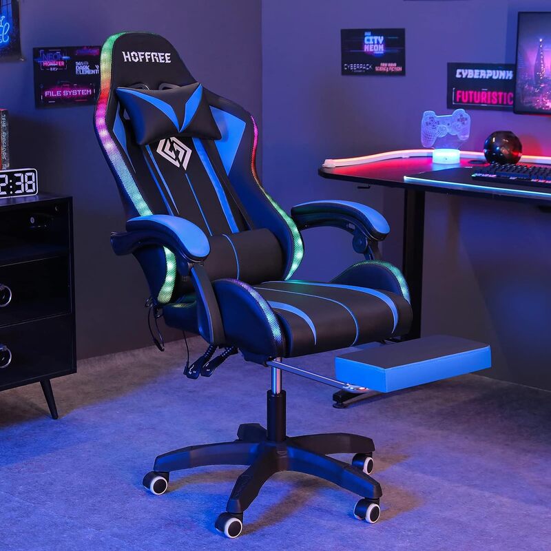 Cadeira ergonômica de massagem com apoio para os pés, alto-falantes Bluetooth e luzes LED RGB, cadeira de videogame, encosto alto lombar