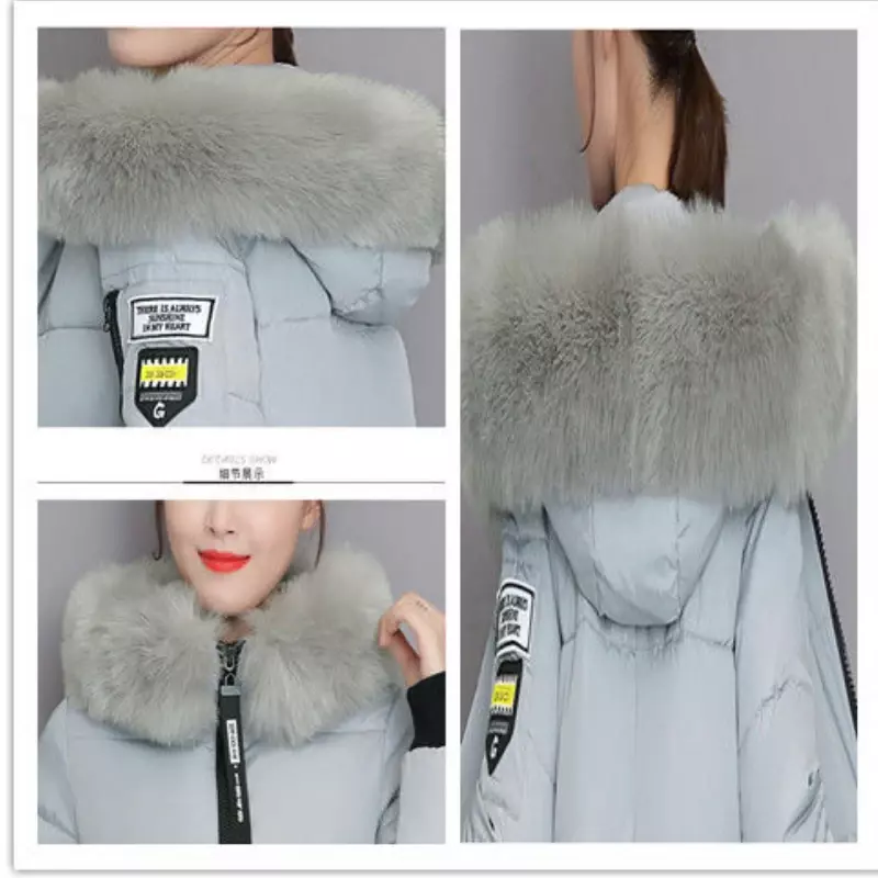 Abrigo de algodón de longitud media para mujer, chaqueta de moda coreana, abrigo con Cuello de piel grande, mantiene el calor, ajuste delgado con capucha de diseñador, ropa de invierno