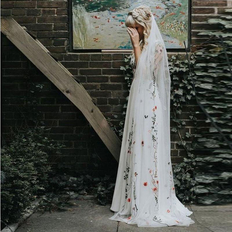 Кружевная свадебная фата с вышивкой в богемном стиле, свадебная фата невесты, однослойная, без гребня, с цветочным орнаментом
