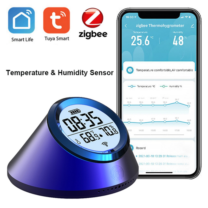 Tuya Zigbee Smart Temperature Humidity Sensor Clock Indoor Thermometer with LCD Display for Google Home Smart Life-B